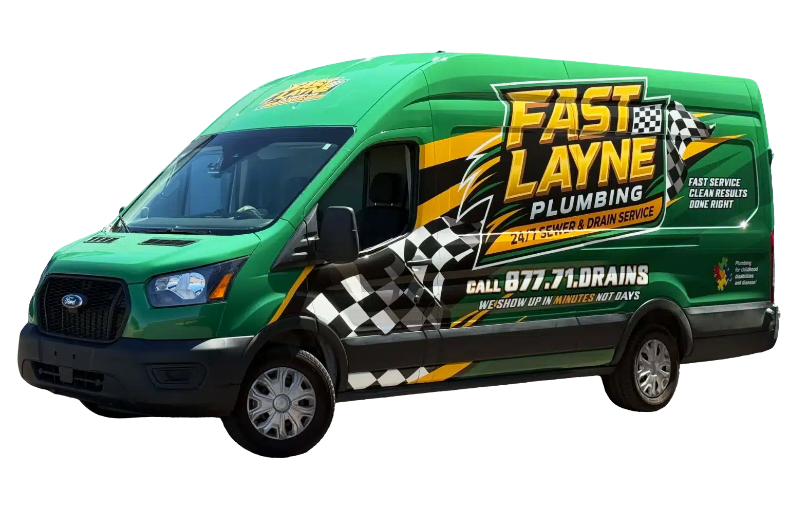 Fast Layne Plumbing service van with green and checkered flag wrap